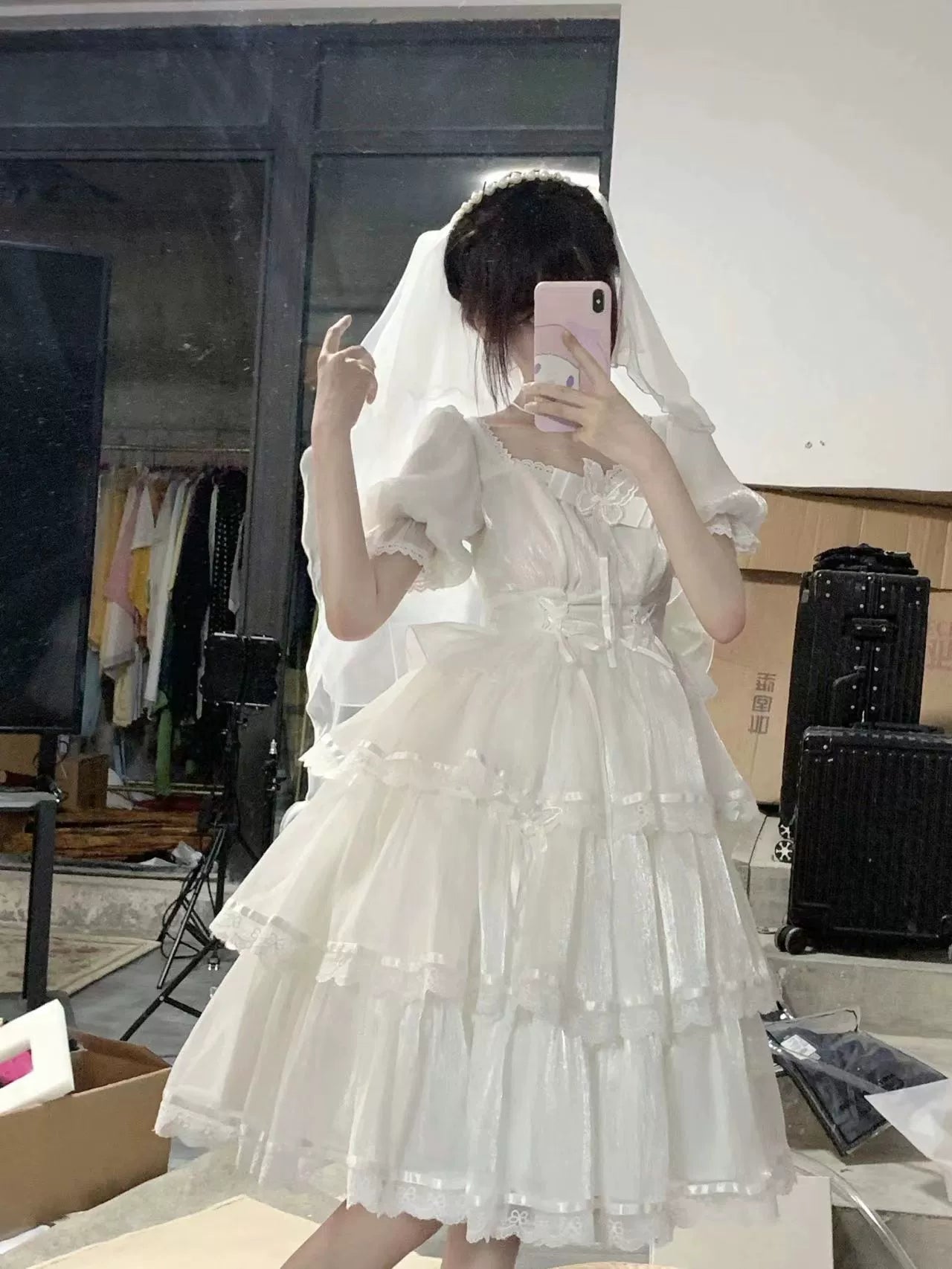 Elegant White Lolita Dress with Ruffled Skirt and Sheer Stockings - Vintage Whimsy for Every Occasion  JSK&OP