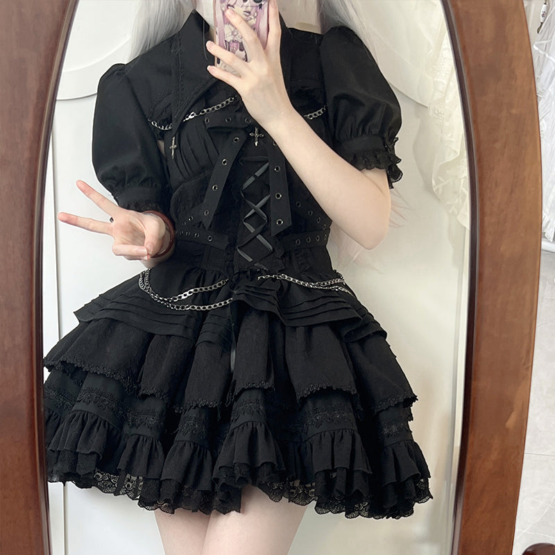 Gothic Elegance: Vintage-Inspired Black&White Lolita JSK with Intricate Details and Versatile Styling