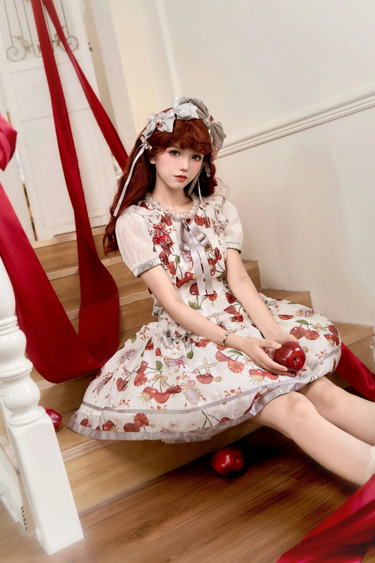 S-2XL Cherry Blossom Delight Lolita Dress – Sweet Vintage Print JSK/OP in Black, Red, Gray & White