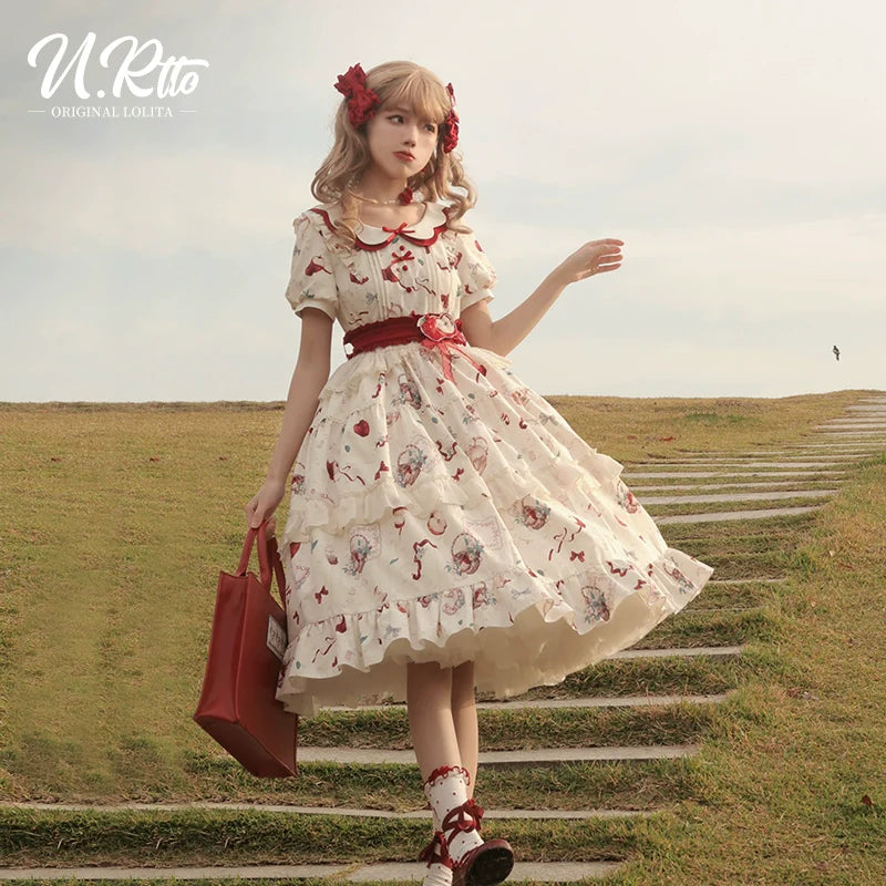 Vintage Whimsy Lolita OP - Cream Floral Pattern with Red Accents