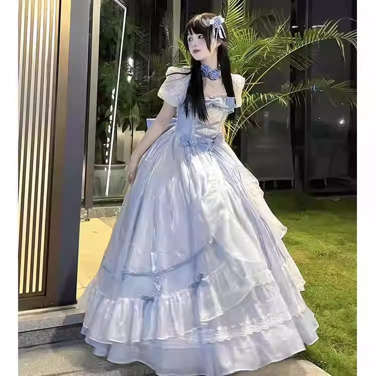 Blue Adult Formal Dress, Big Flower Bridal Lolita Dress, OP Lolita, Gorgeous Escaping Puffy Tailed Princess Dress