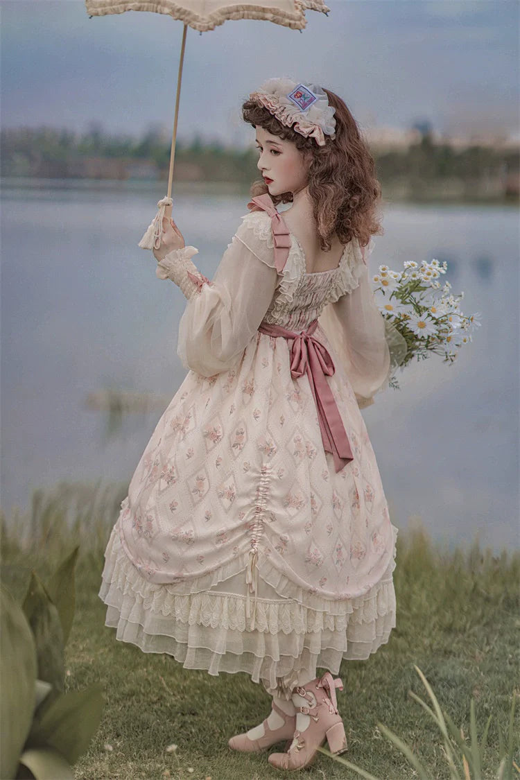 Elegant Cream Lolita Dress with Floral Embroidery and Ruffled Skirt - Perfect for Tea Parties and Special Occasions