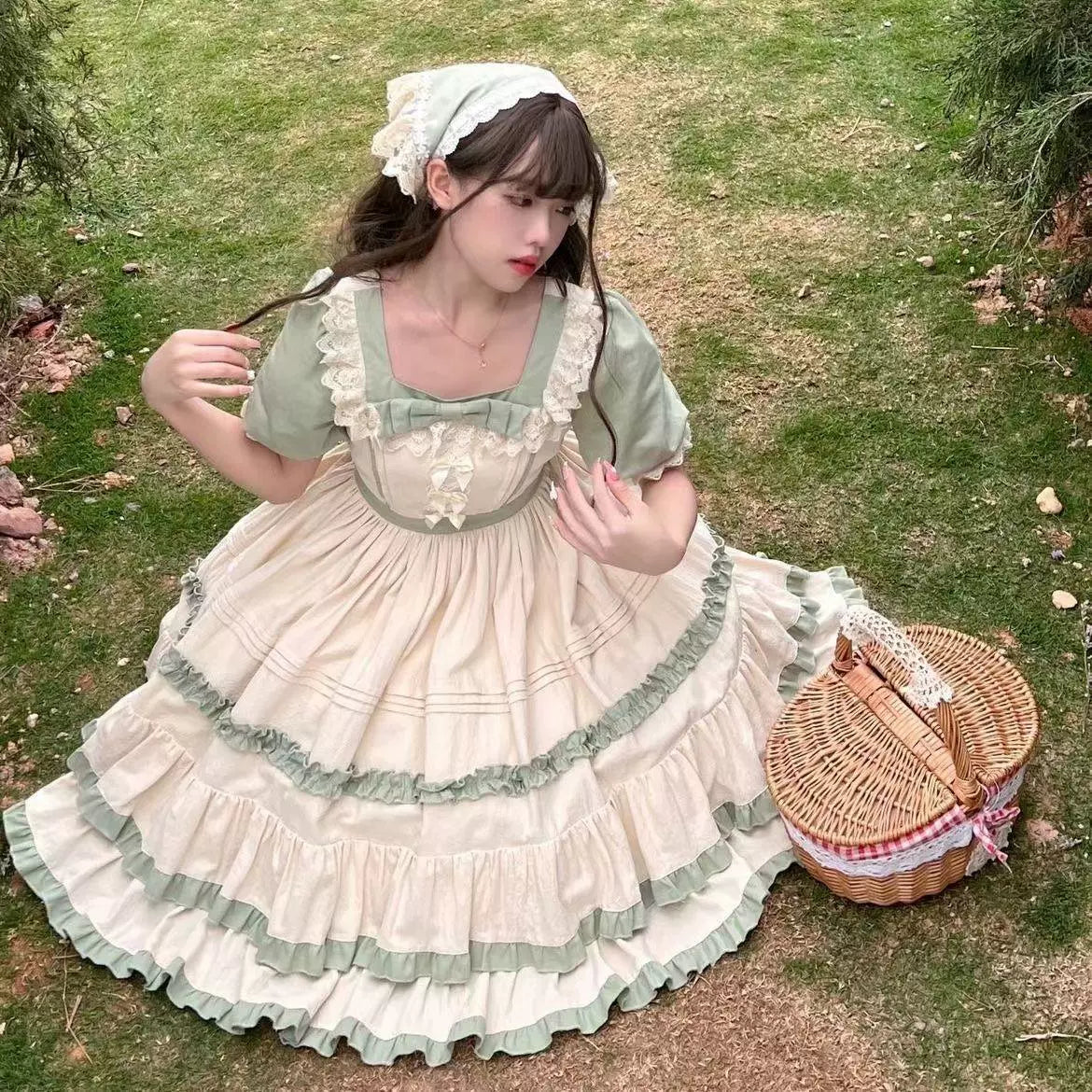 Sage Blossom Lolita Dress - Cottagecore Ruffled OP with Pastel Green Accents