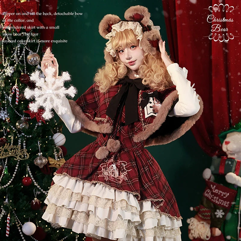Chestnut Bear Cocoa Lolita Christmas Plaid Cloak JSK — Winter Vibe