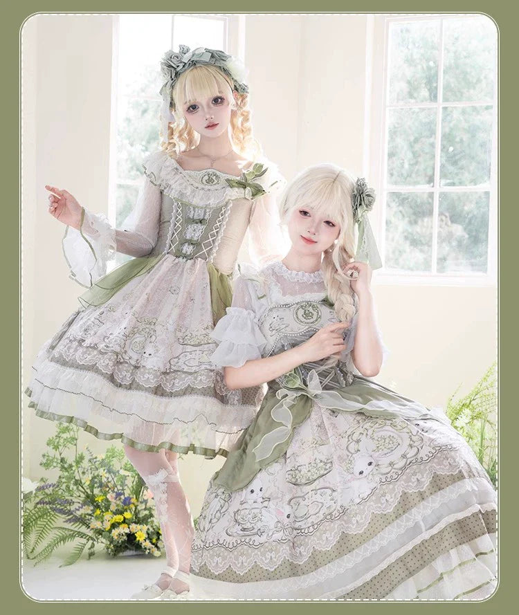Sweet Lolita Dress - Light Green Layered Tulle Skirt with Lace & Embroidery
