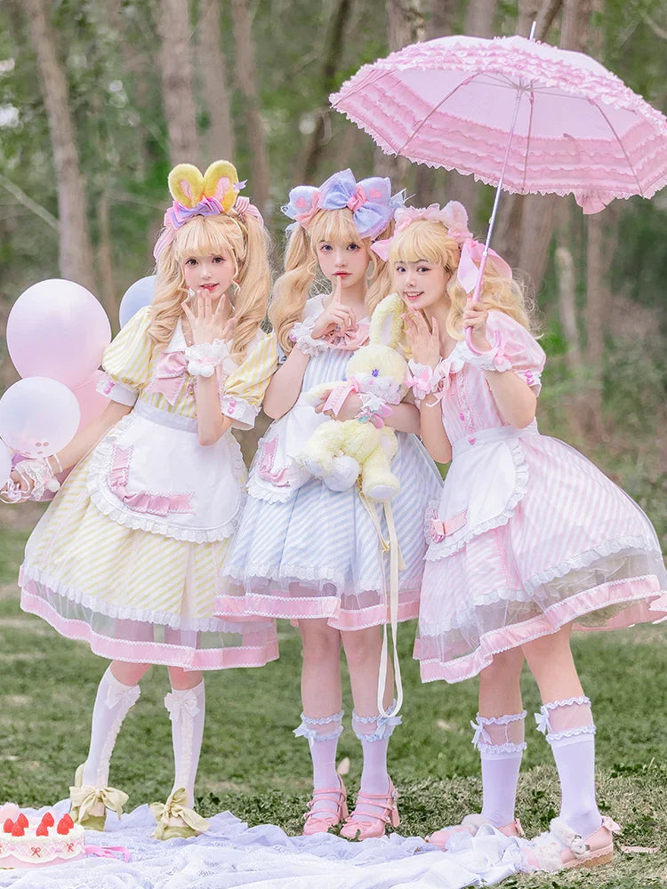 Lemonade Striped Puff-Sleeve Sweet Lolita Dress with Pink Bowknot & Lace Apron