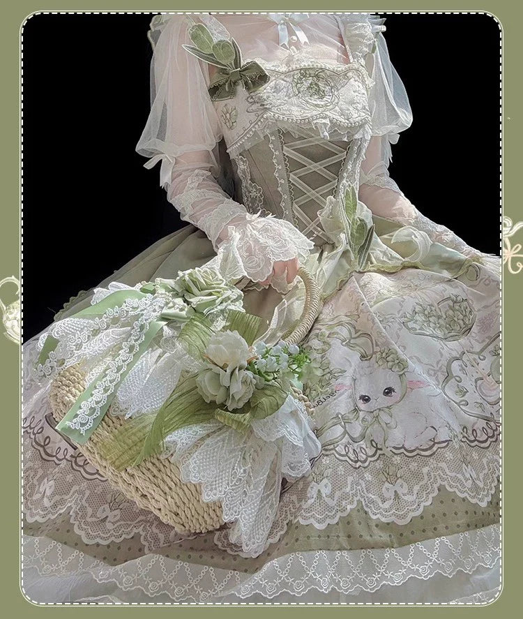 Sweet Lolita Dress - Light Green Layered Tulle Skirt with Lace & Embroidery
