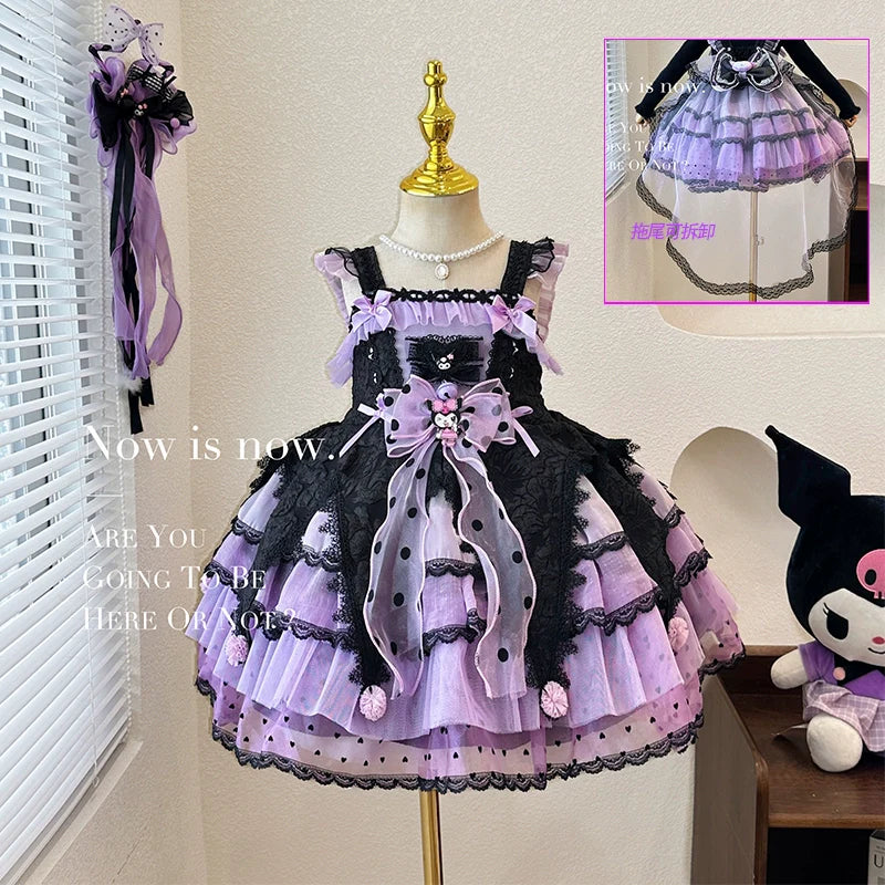 Elegant Black and Purple Lolita Dress for Girls - Intricate Lace and Ruffled Skirt - Perfect for Tea Parties and Special Occasions