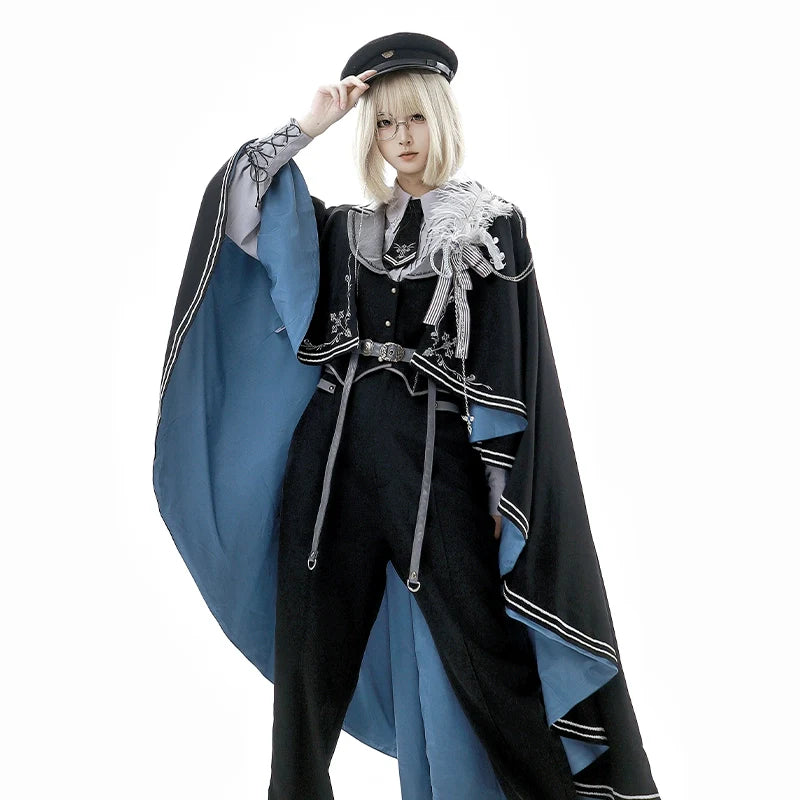 Women's Elegant Cape - style Dress with Navy Blue Lining and Delicate Embellishments