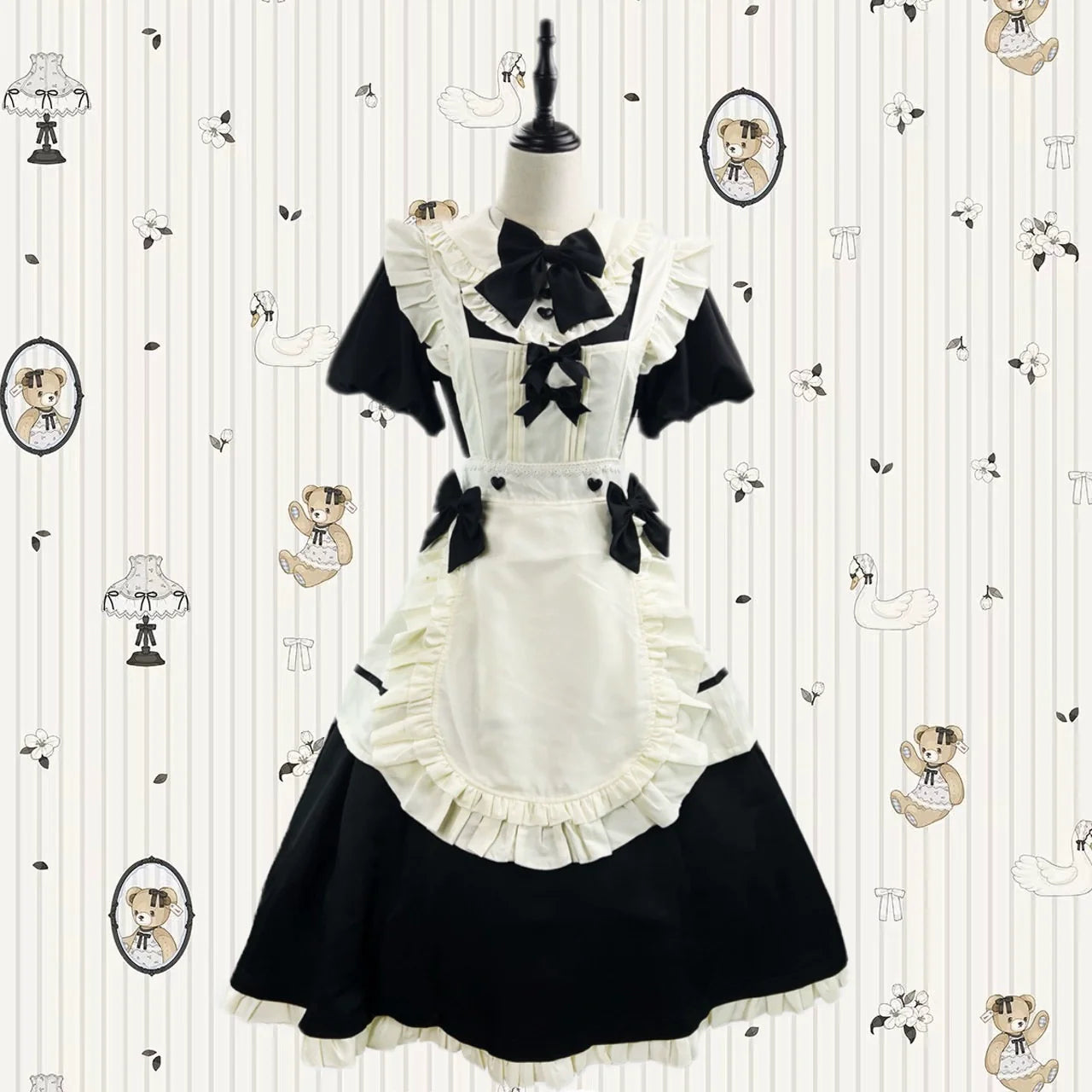 Elegant Black and White Lolita Maid Dress with Ruffled Skirt and Delicate Bows