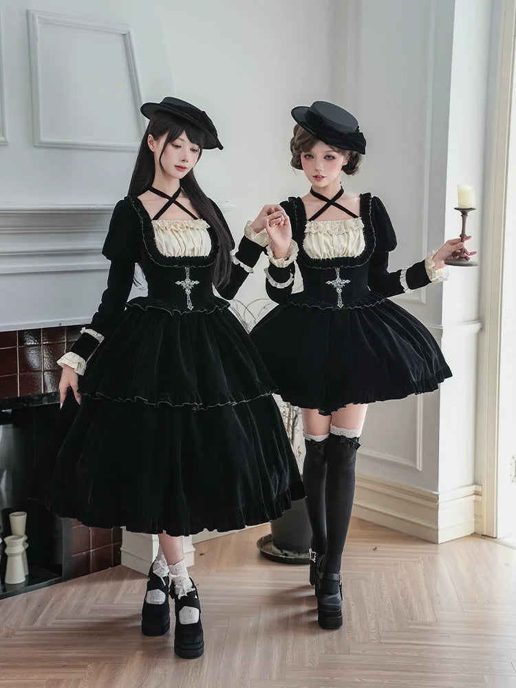 Square Neck Waist Boned Velvet OP Lolita (Gemini Winter Collection)