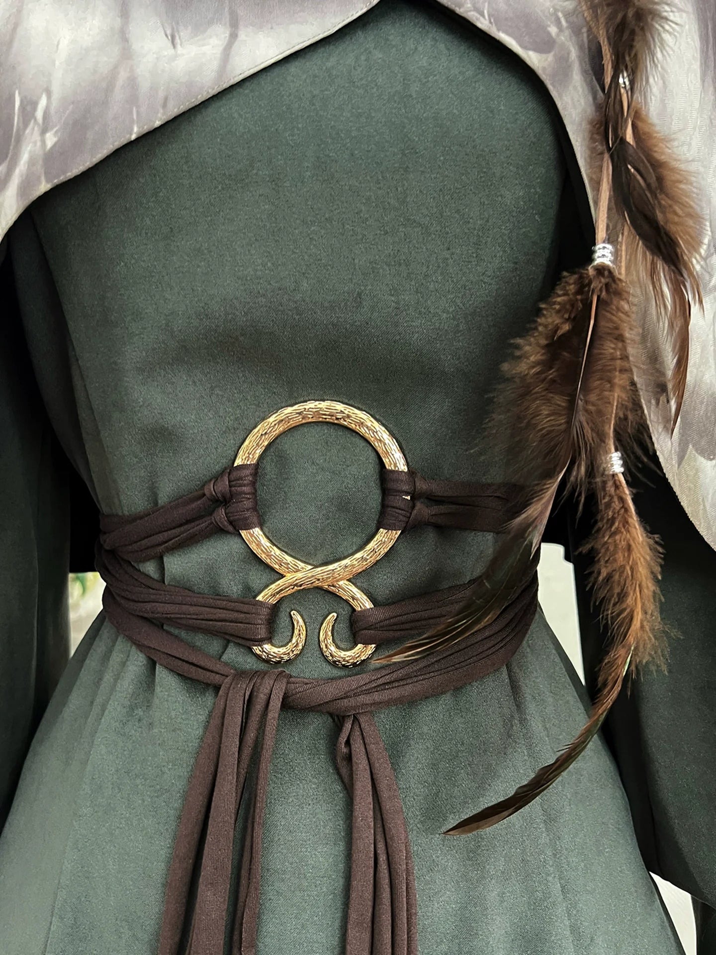 Fantasy - Style Capelet Dress with Embroidered Hem and Buckled Waist Belt