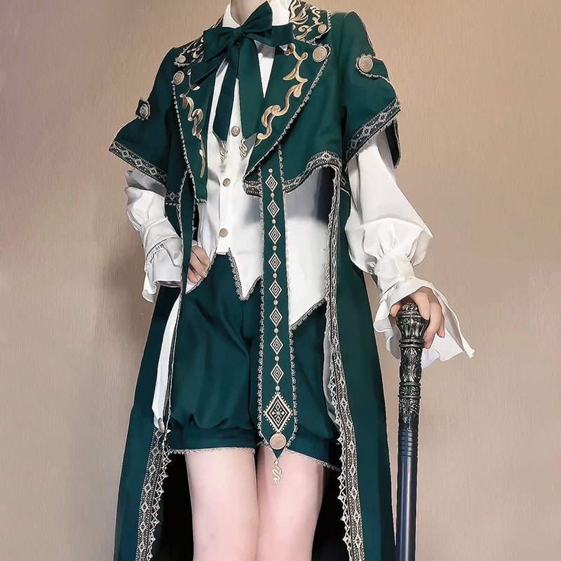 Elegant Dark Green Lolita Prince Set with Gold Embroidery - Versatile Themed Outfit