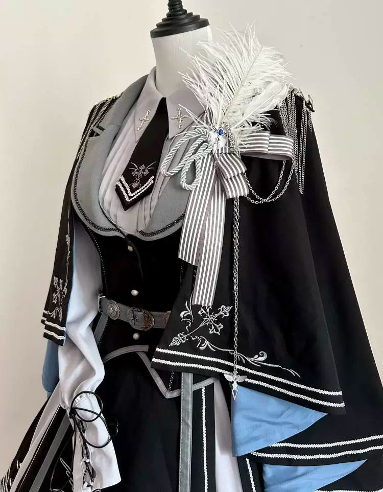 Women's Elegant Cape - style Dress with Navy Blue Lining and Delicate Embellishments