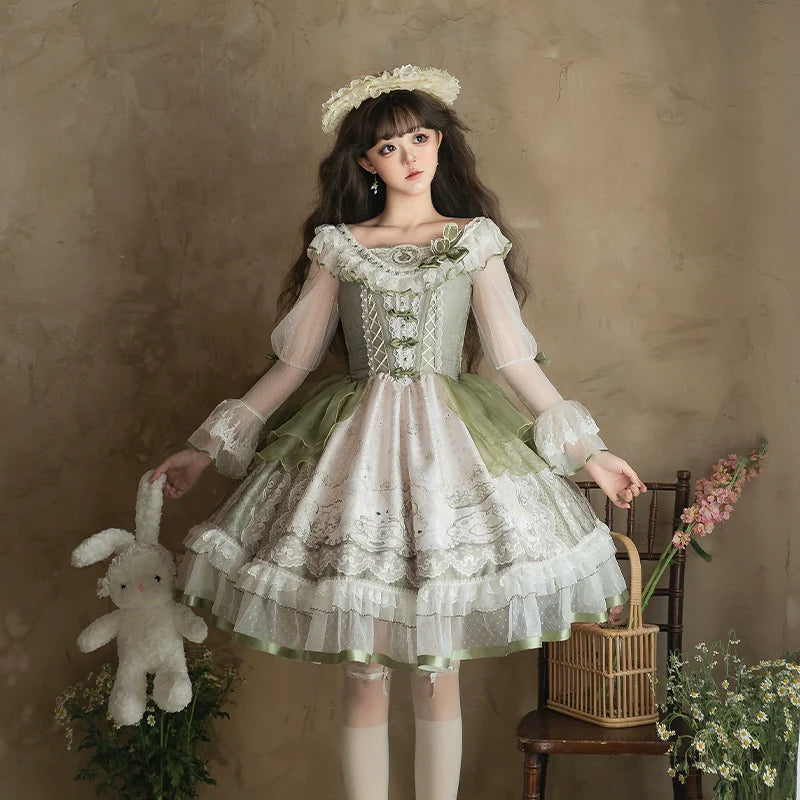 Sweet Lolita Dress - Light Green Layered Tulle Skirt with Lace & Embroidery