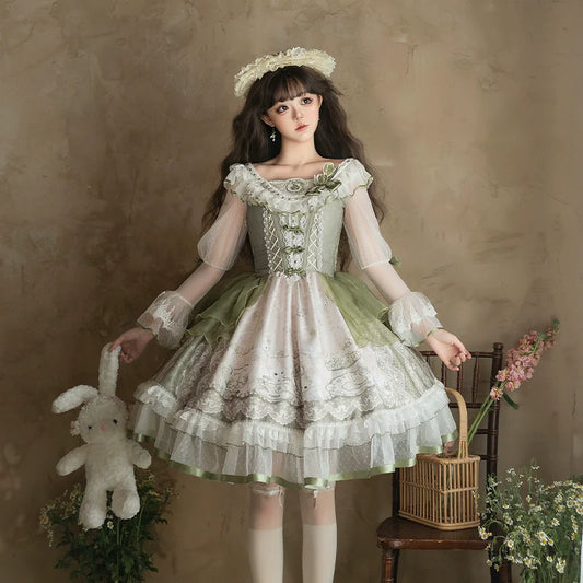 Sweet Lolita Dress - Light Green Layered Tulle Skirt with Lace & Embroidery