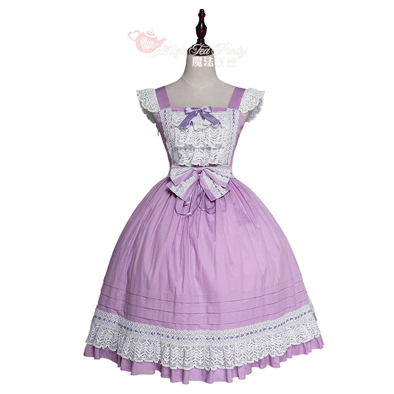 Elegant Multicolored Lolita Dress with Detachable Apron and Bow Details    OP & JSK