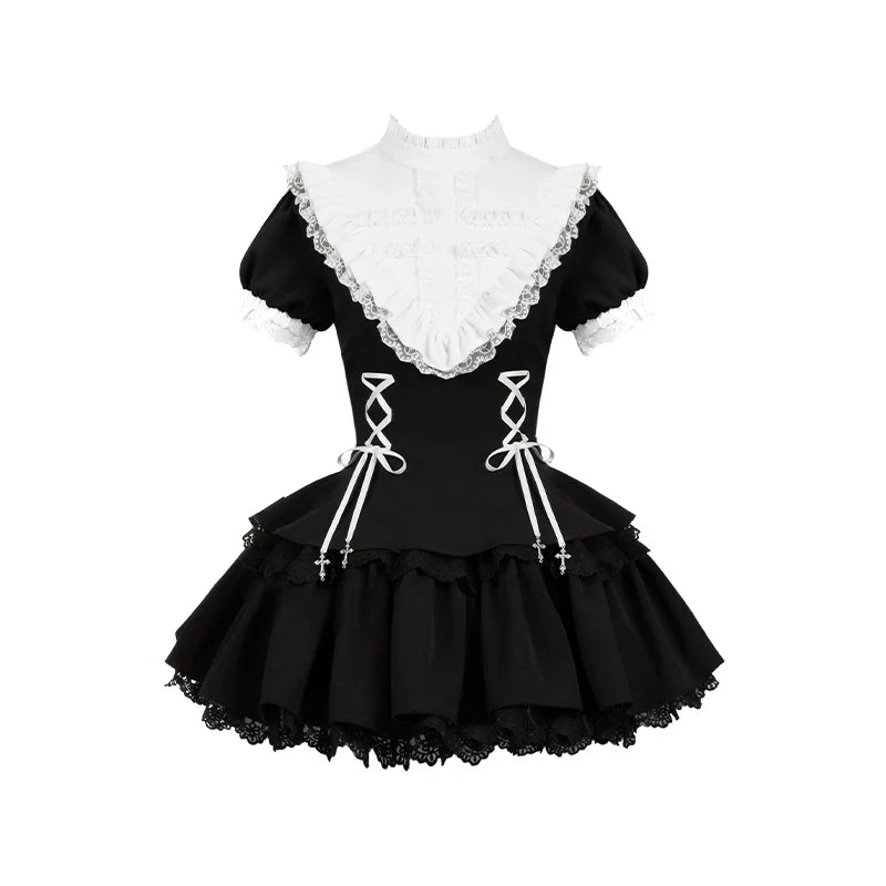 Gothic Lolita Dress with White Lace Collar, Long Sleeves and Lace - up Details