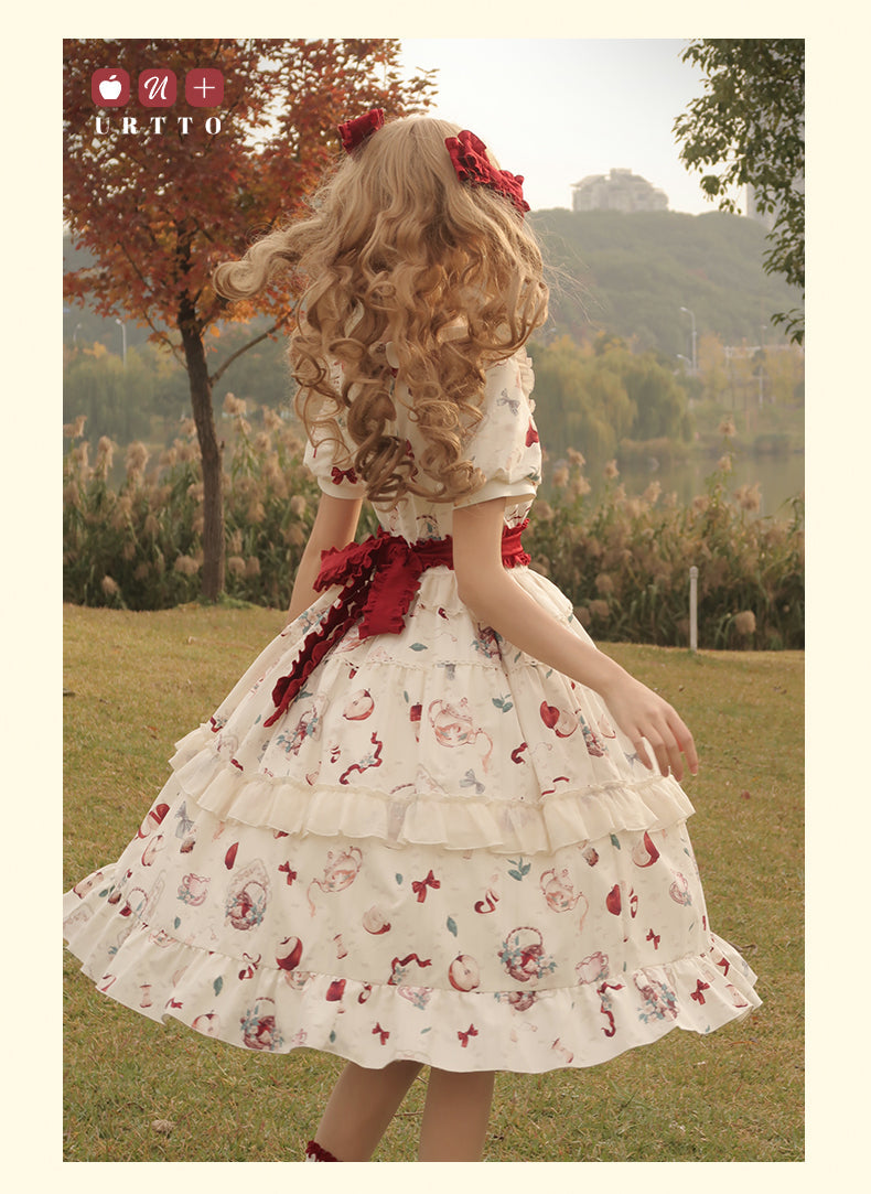 Vintage Whimsy Lolita OP - Cream Floral Pattern with Red Accents