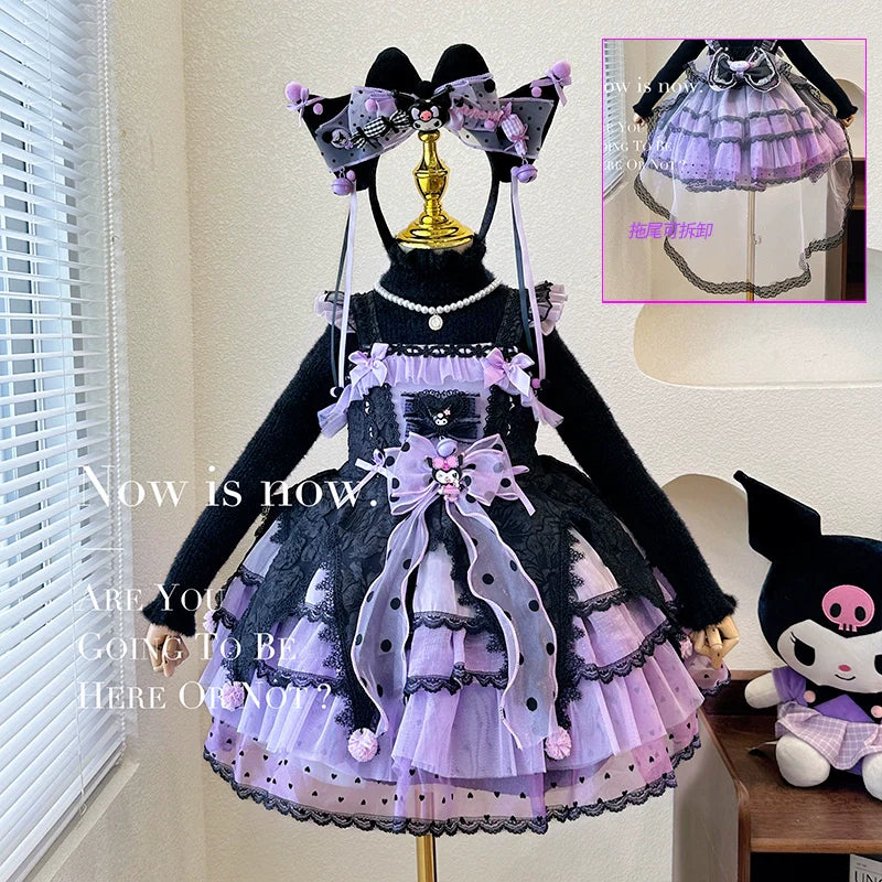 Elegant Black and Purple Lolita Dress for Girls - Intricate Lace and Ruffled Skirt - Perfect for Tea Parties and Special Occasions