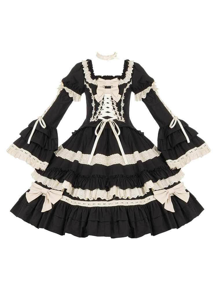 Elegant Black and Cream Lolita Dress with Multi-Tiered Ruffles and Detachable Apron