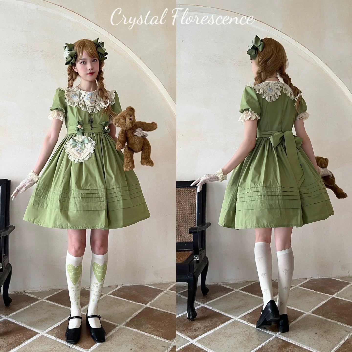 Vintage Garden Lolita Dress - Embroidered Floral Collar OP in Soft Green