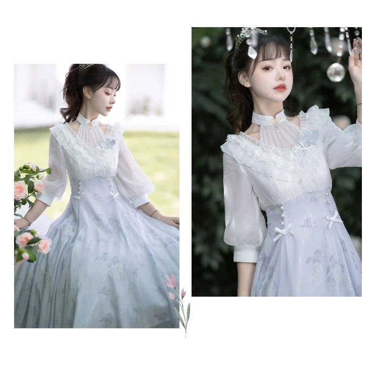 Lolita Fairy Dress! Lace Puff Sleeves + Light Blue Floral Maxi Skirt, Spring Garden Date Outfit