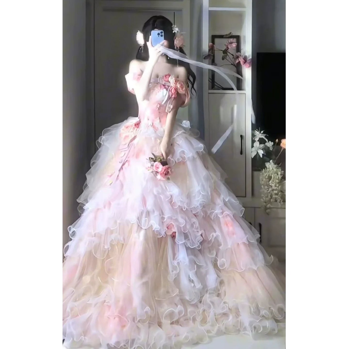 Elegant Formal Dress for Graduation, Coming-of-Age Ceremony, or Princess Wedding with Sweet Floral Bridal Style