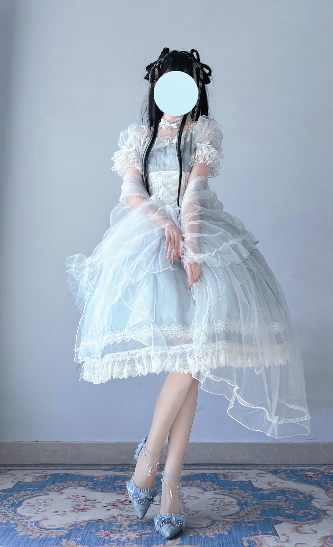 Ethereal Pastel Blue Lolita OP with Delicate Lace Accents and Adjustable Waist Ties