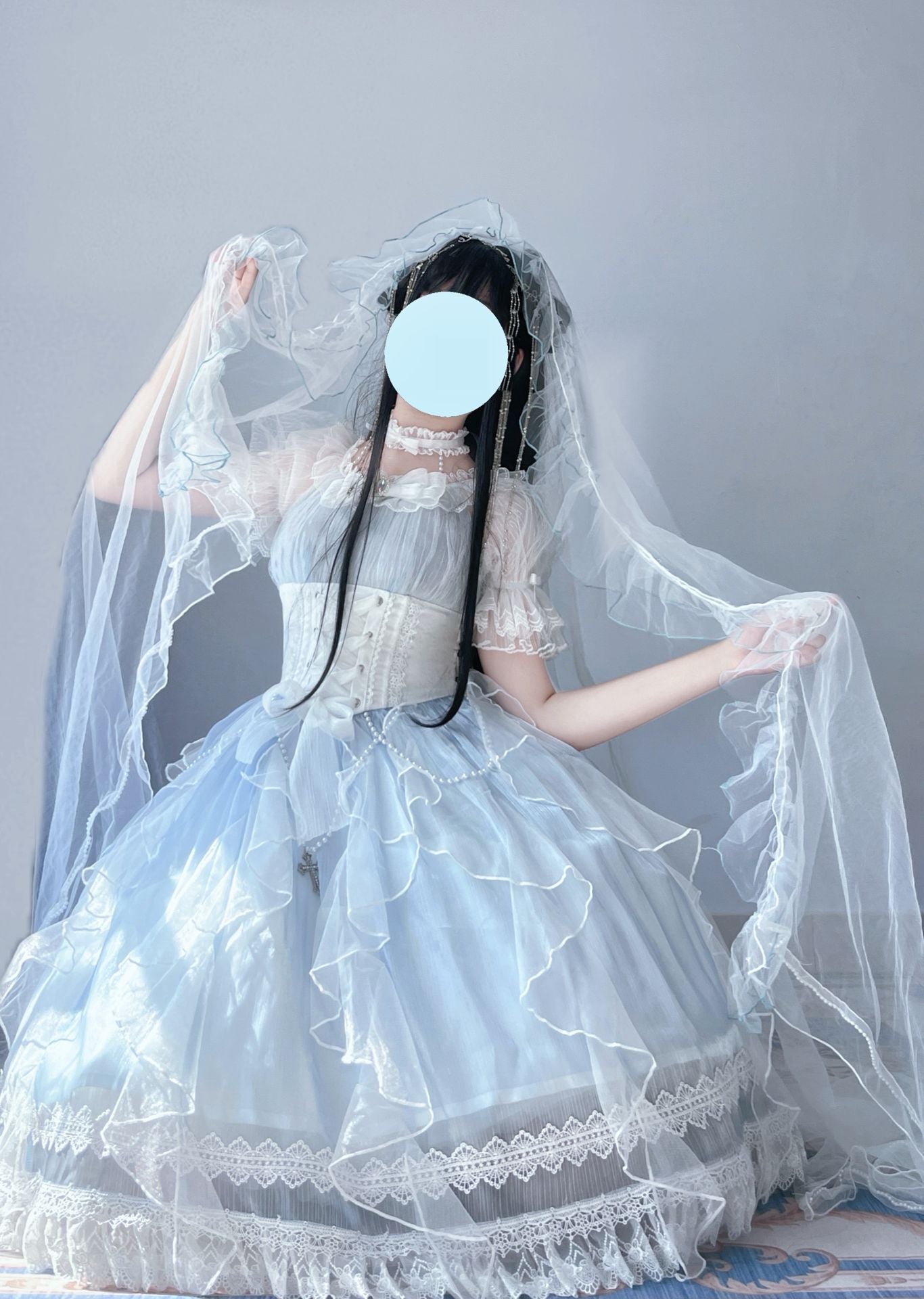 Ethereal Pastel Blue Lolita OP with Delicate Lace Accents and Adjustable Waist Ties