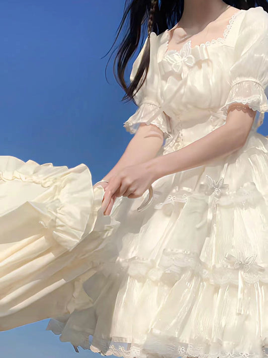 S-2XL Elegant Creamy White Lolita Dress with Lace and Ruffles - Perfect for Summer Outings and Garden Parties