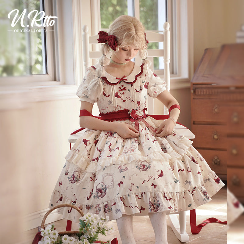 Vintage Whimsy Lolita OP - Cream Floral Pattern with Red Accents