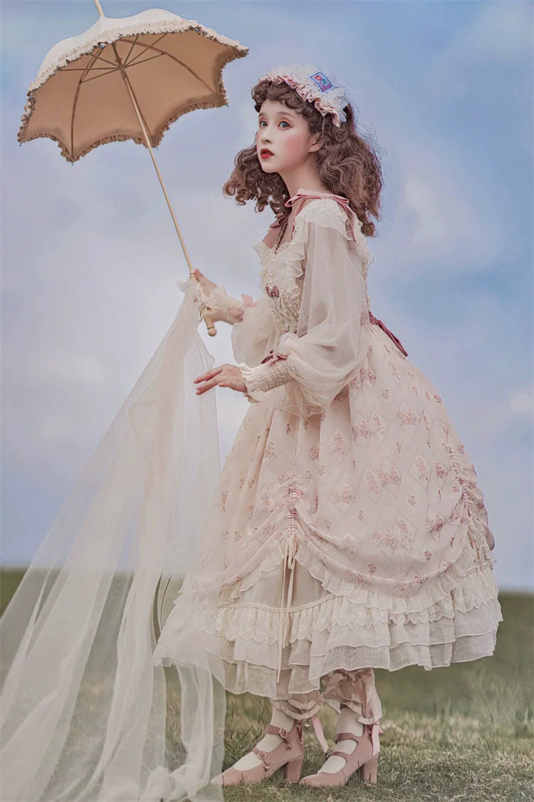 Elegant Cream Lolita Dress with Floral Embroidery and Ruffled Skirt - Perfect for Tea Parties and Special Occasions