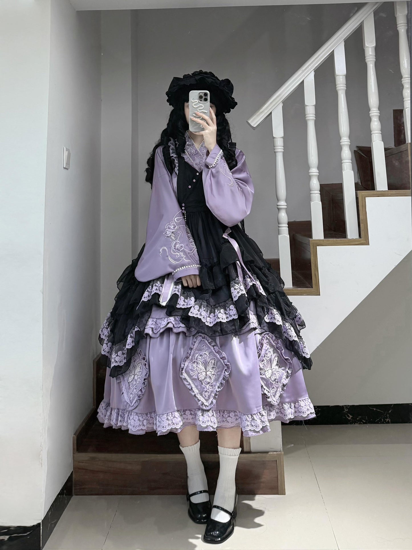 Elegant Purple and Black Lolita Dress with Detachable Apron and Intricate Lace Details