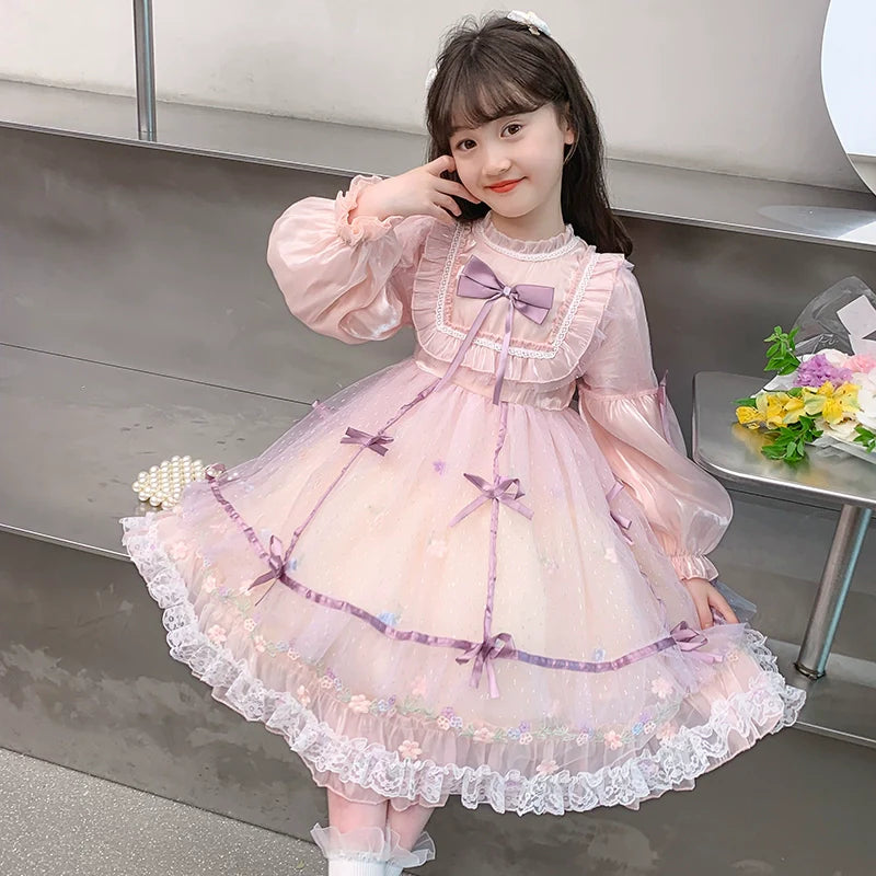 Charming Pastel Pink Lolita Dress with Purple Accents for Girls - Spring and Autumn Collection