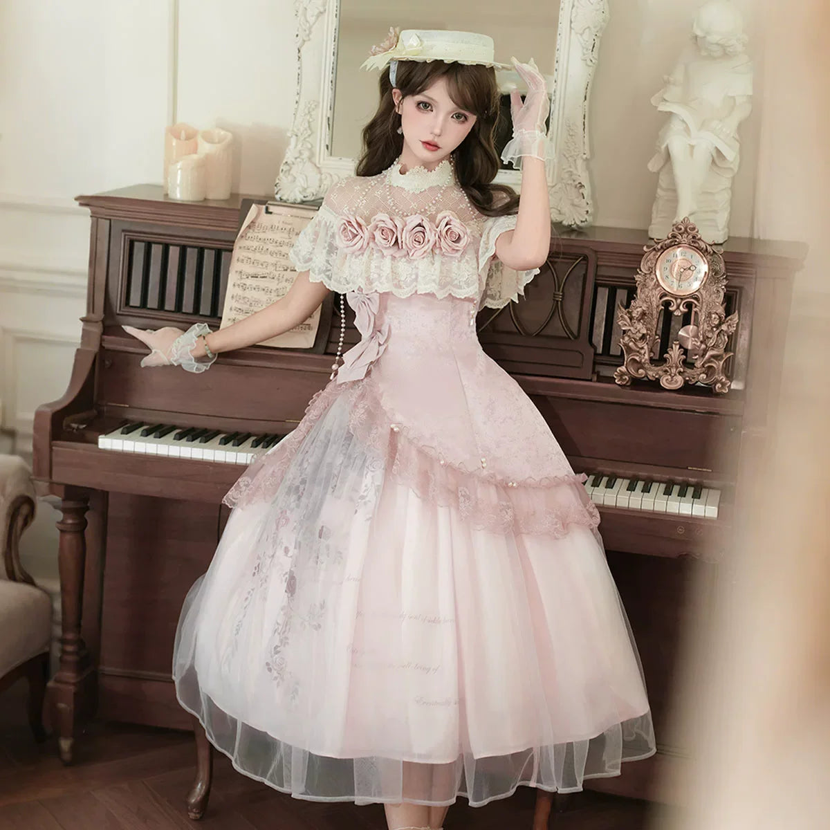 Vintage - inspired Pink Tea - length gown with Floral Lace and Tulle Layers, set for spring and summer
