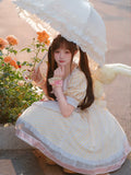 Lemonade Striped Puff-Sleeve Sweet Lolita Dress with Pink Bowknot & Lace Apron