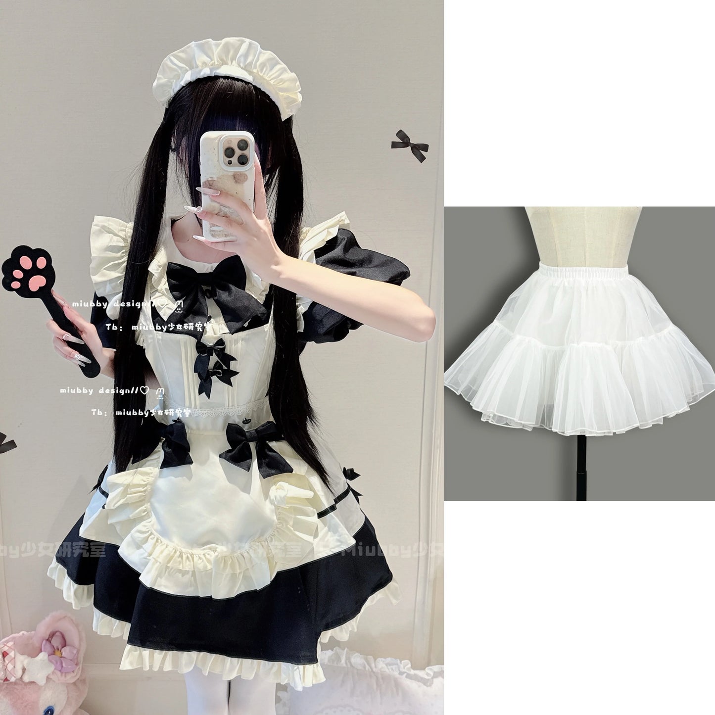 Elegant Black and White Lolita Maid Dress with Ruffled Skirt and Delicate Bows