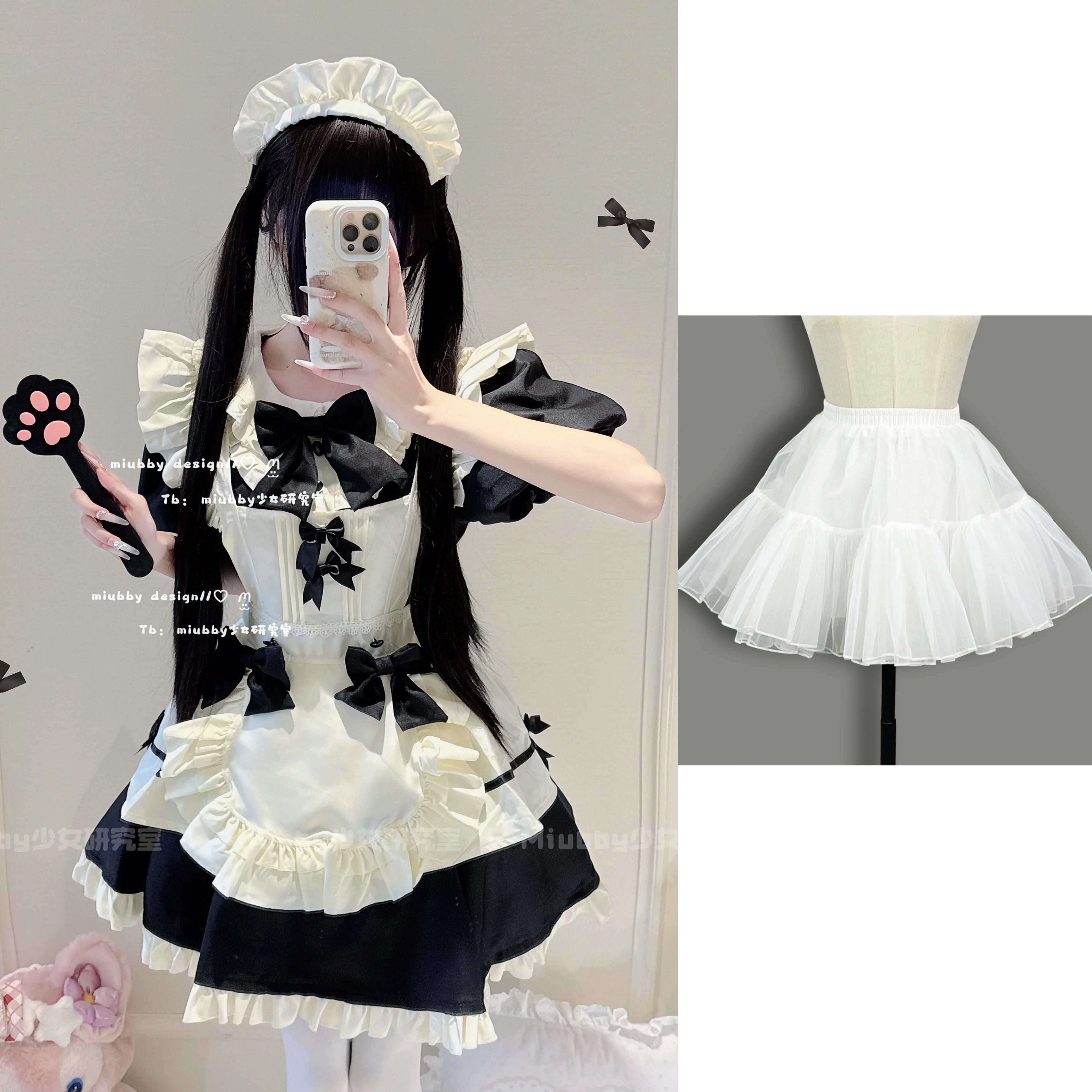 Elegant Black and White Lolita Maid Dress with Ruffled Skirt and Delicate Bows