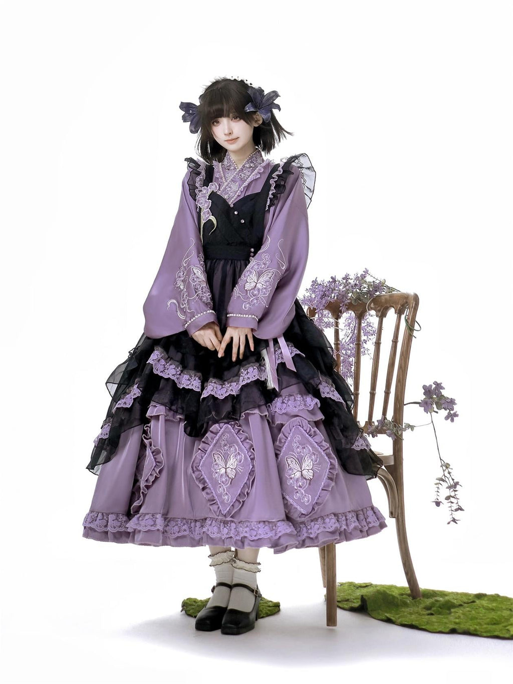 Elegant Purple and Black Lolita Dress with Detachable Apron and Intricate Lace Details