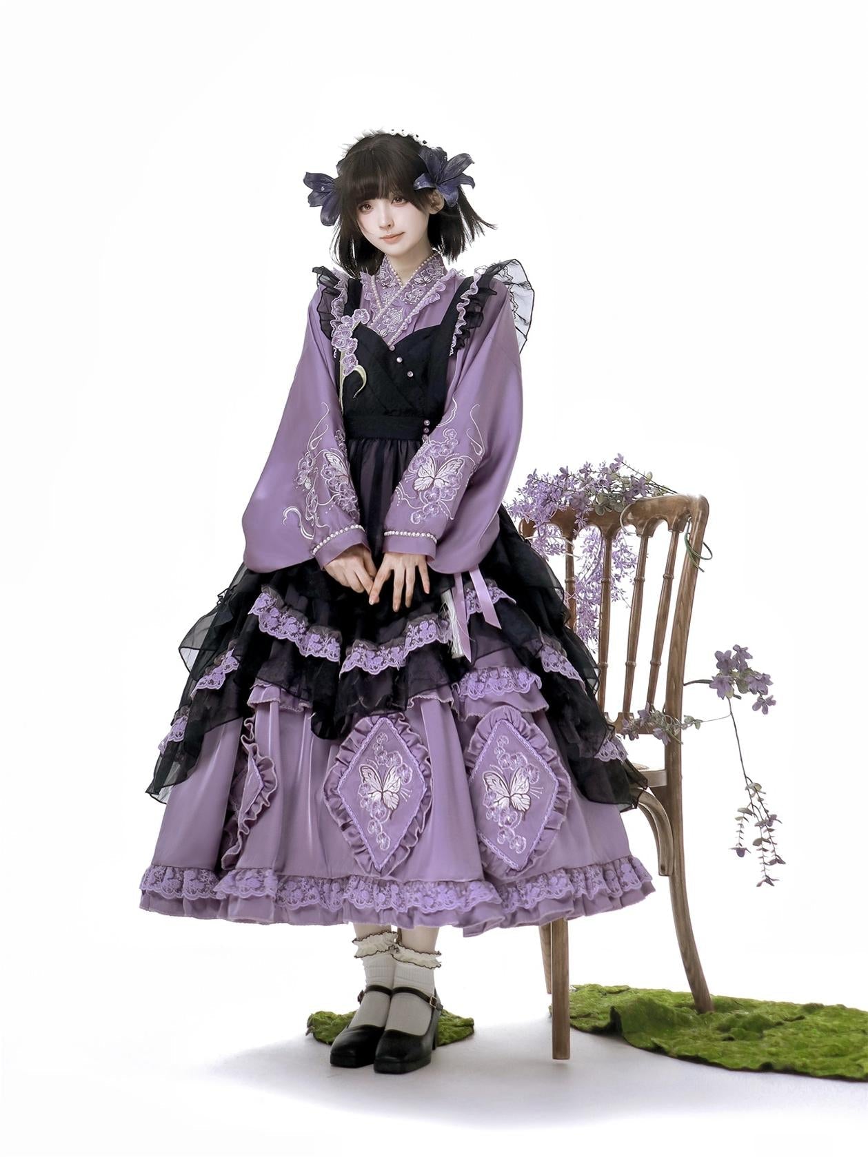 Elegant Purple and Black Lolita Dress with Detachable Apron and Intricate Lace Details