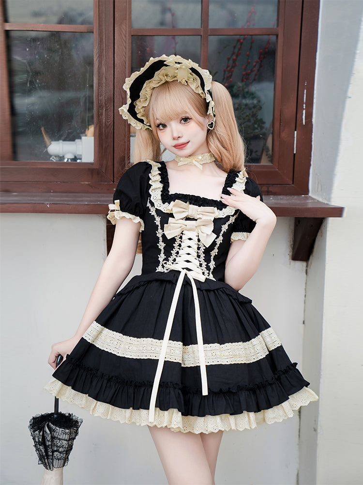 Elegant Black and Cream Lolita Dress with Multi-Tiered Ruffles and Detachable Apron