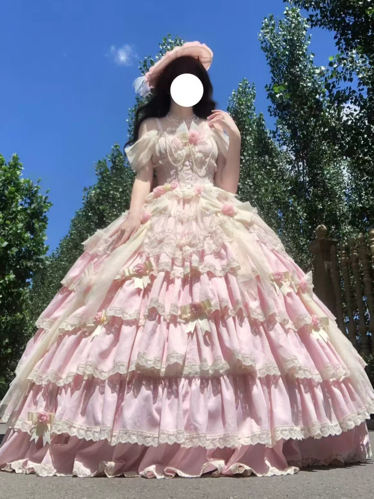 Pink Lolita Maxi Dress with Delicate Lace and Flower Embellishments, Ideal for Tea - Party Occasions