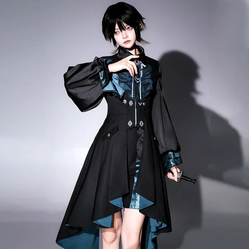 Gothic - Inspired Black and Teal Asymmetrical Long Coat with Puff Sleeves and Decorative Details