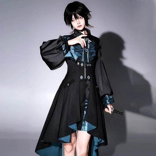Gothic - Inspired Black and Teal Asymmetrical Long Coat with Puff Sleeves and Decorative Details