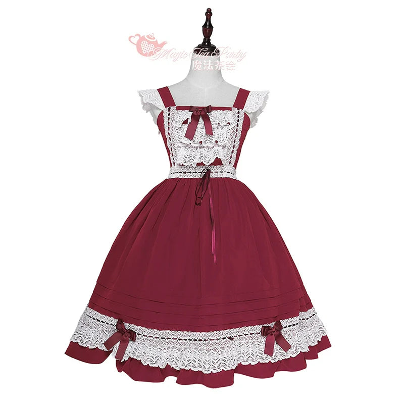 Elegant Multicolored Lolita Dress with Detachable Apron and Bow Details    OP & JSK