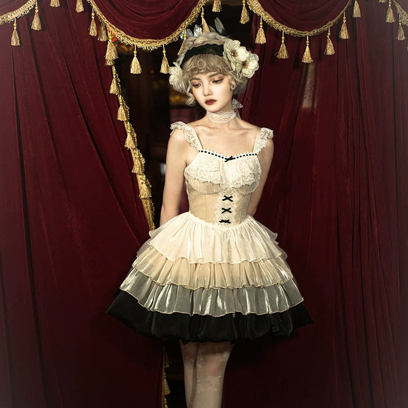 Paris Sunset JSK Fishbone with Built-in Bra Pads, Layered Skirt, Dramatic Full-Skirt Streamer Lolita Dress for All Seasons