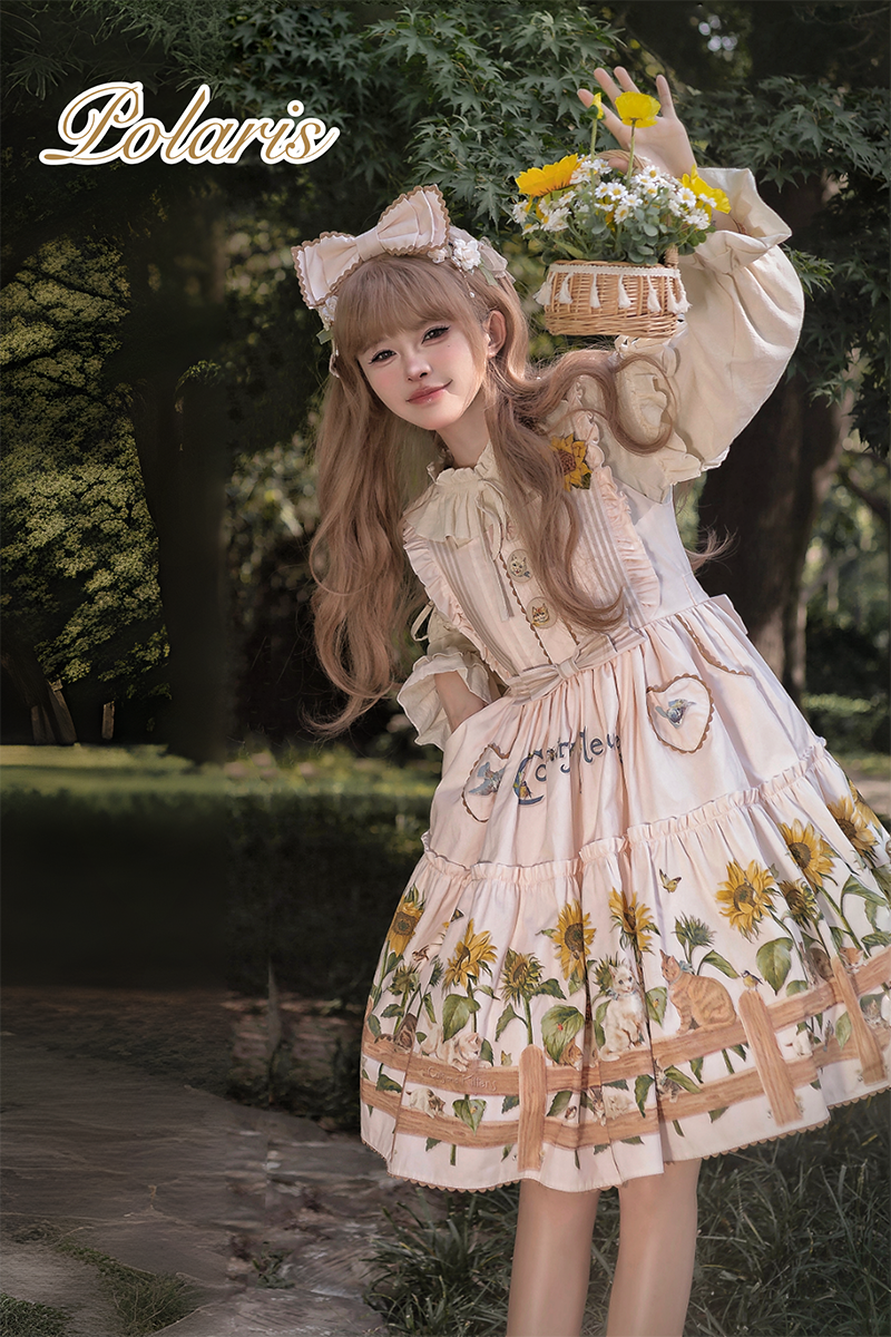 Sunflower Paradise: Cat and Sunflower JSK Lolita with a Big Skirt