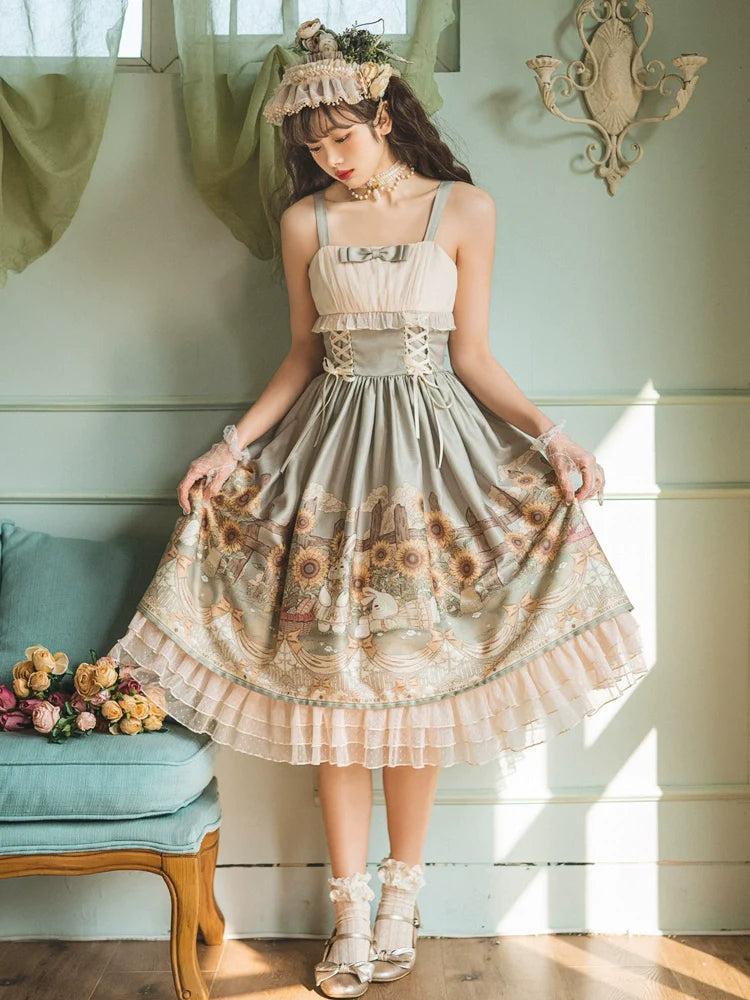 Vintage Floral Lolita Dress with Tulle Layers, Off - the - Shoulder Sleeves & Delicate Headpiece
