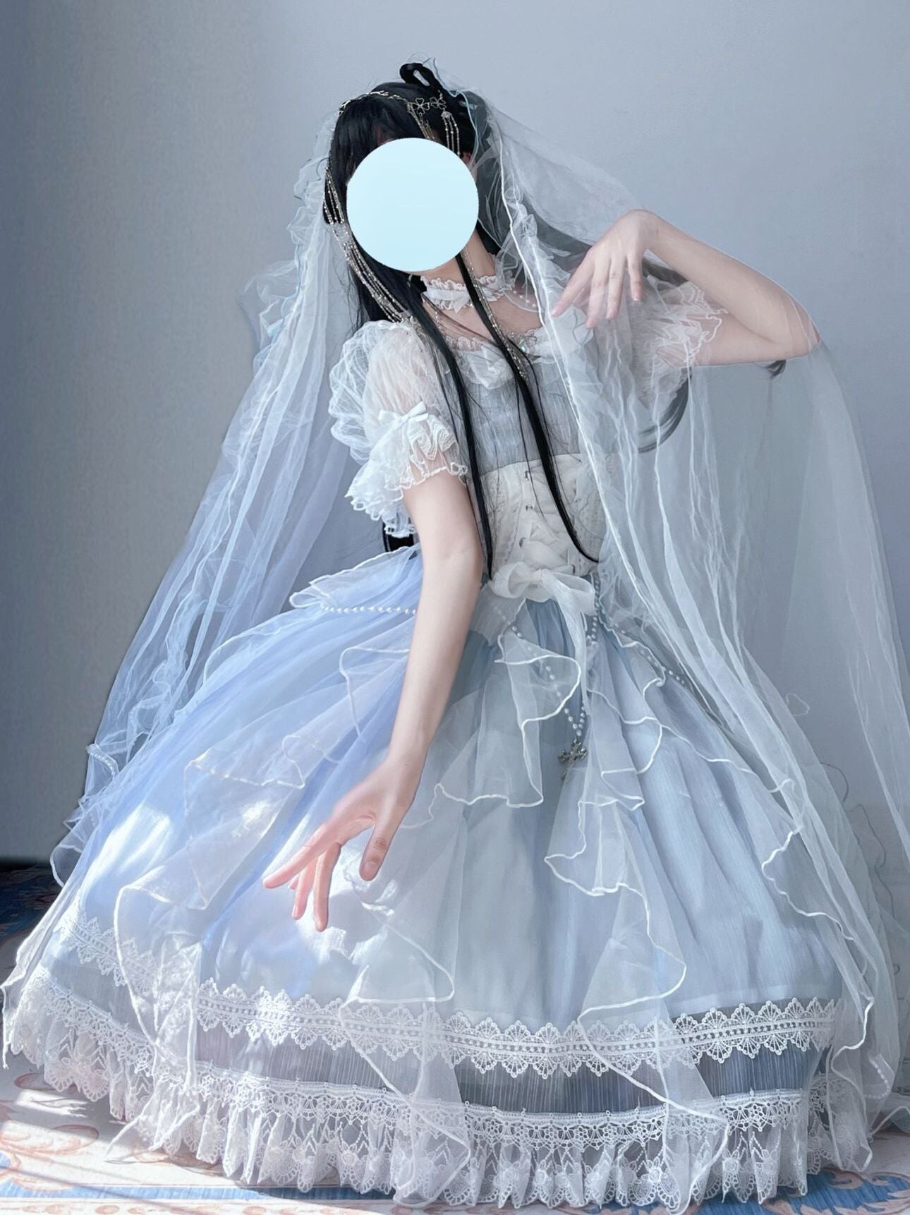 Ethereal Pastel Blue Lolita OP with Delicate Lace Accents and Adjustable Waist Ties